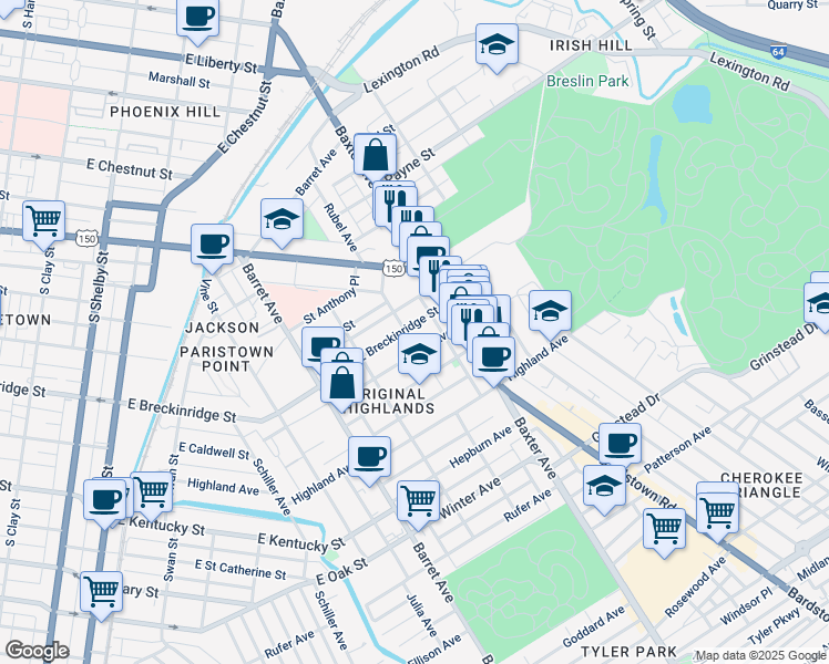 map of restaurants, bars, coffee shops, grocery stores, and more near 1507 East Breckinridge Street in Louisville
