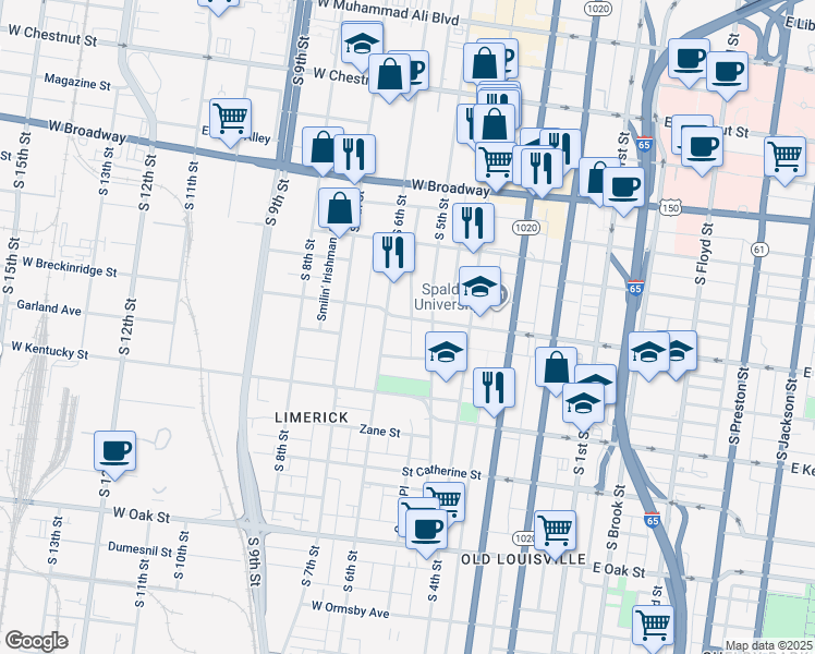 map of restaurants, bars, coffee shops, grocery stores, and more near 854 South 5th Street in Louisville