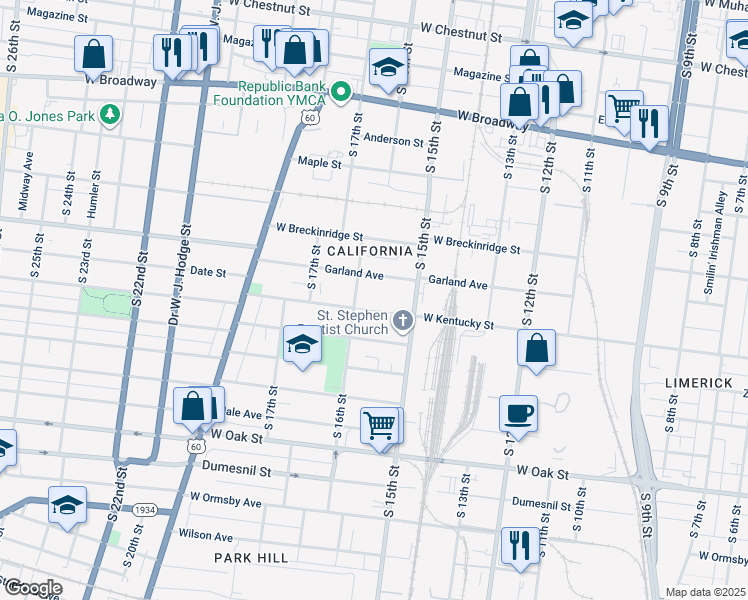 map of restaurants, bars, coffee shops, grocery stores, and more near 1536 Garland Avenue in Louisville