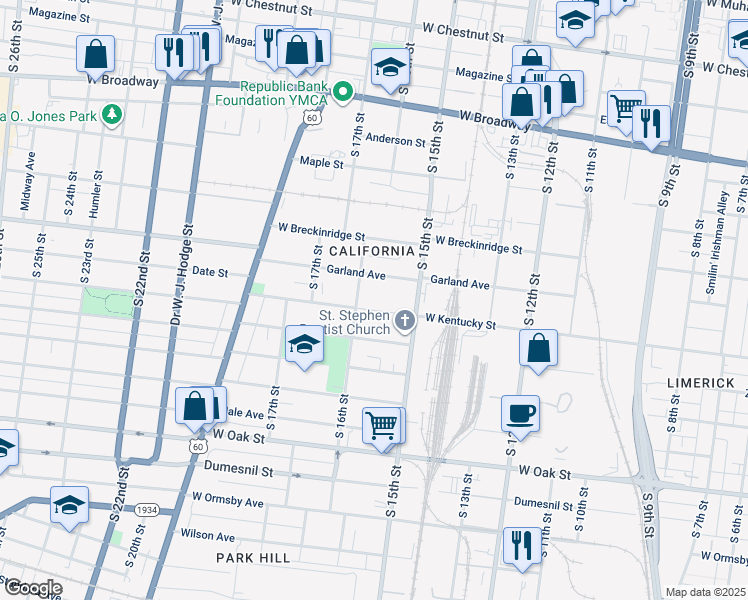 map of restaurants, bars, coffee shops, grocery stores, and more near 1536 Garland Avenue in Louisville