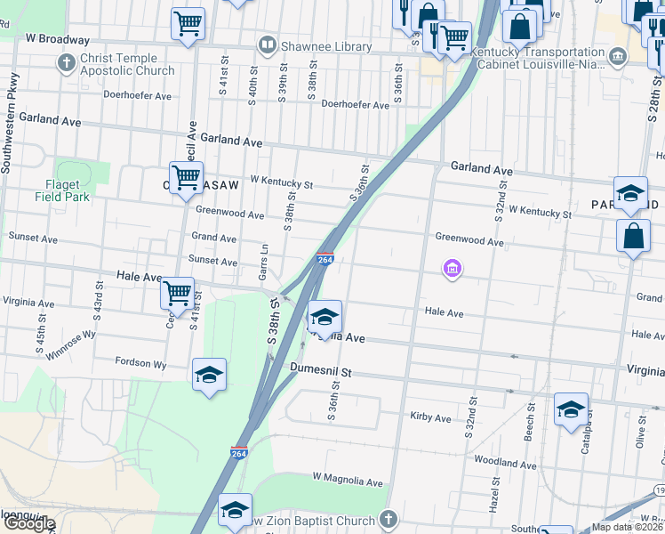 map of restaurants, bars, coffee shops, grocery stores, and more near 3610 Grand Avenue in Louisville