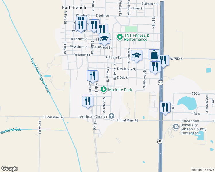 map of restaurants, bars, coffee shops, grocery stores, and more near 300 East Poplar Street in Fort Branch
