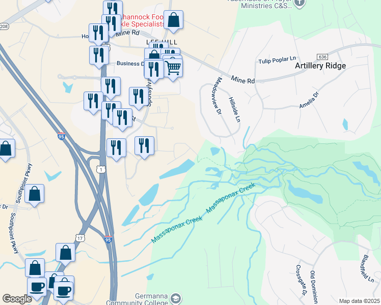 map of restaurants, bars, coffee shops, grocery stores, and more near 4937 Wensel Road in Fredericksburg