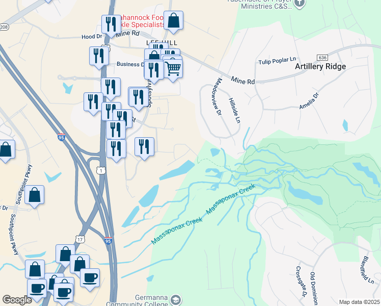 map of restaurants, bars, coffee shops, grocery stores, and more near 4937 Wensel Road in Fredericksburg