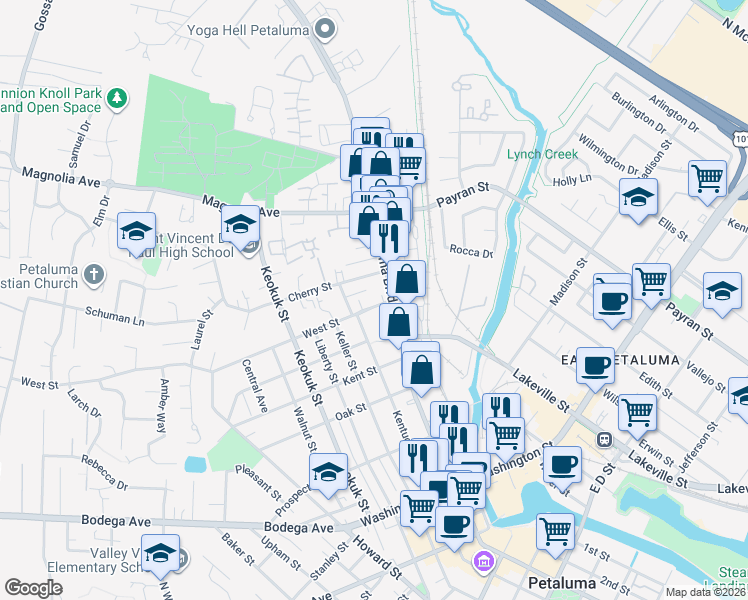 map of restaurants, bars, coffee shops, grocery stores, and more near 709 Petaluma Boulevard South in Petaluma