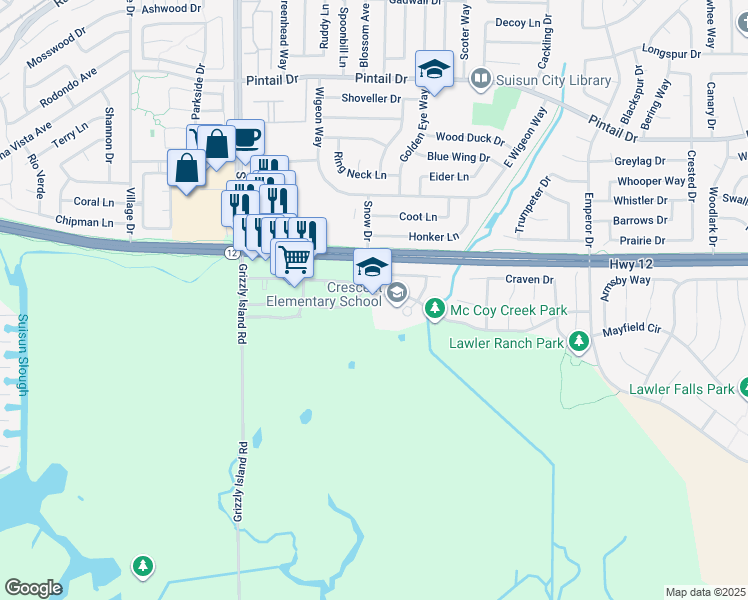 map of restaurants, bars, coffee shops, grocery stores, and more near 1001 Anderson Drive in Suisun City