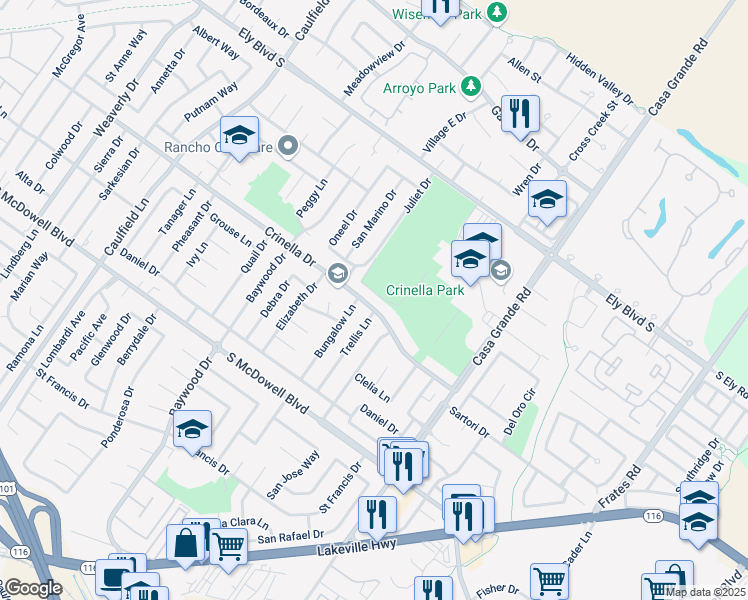 map of restaurants, bars, coffee shops, grocery stores, and more near 1051 Crinella Drive in Petaluma