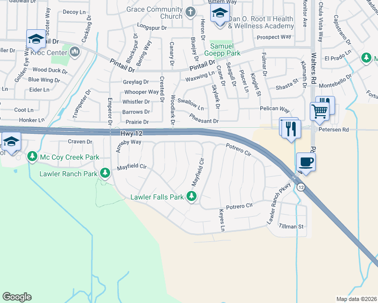 map of restaurants, bars, coffee shops, grocery stores, and more near 1200 Mayfield Circle in Suisun City