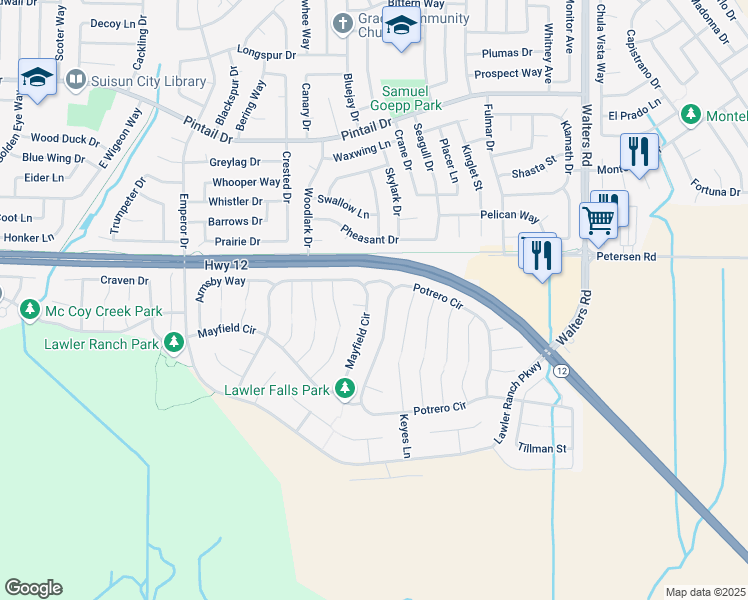 map of restaurants, bars, coffee shops, grocery stores, and more near 381 Mayfield Circle in Suisun City