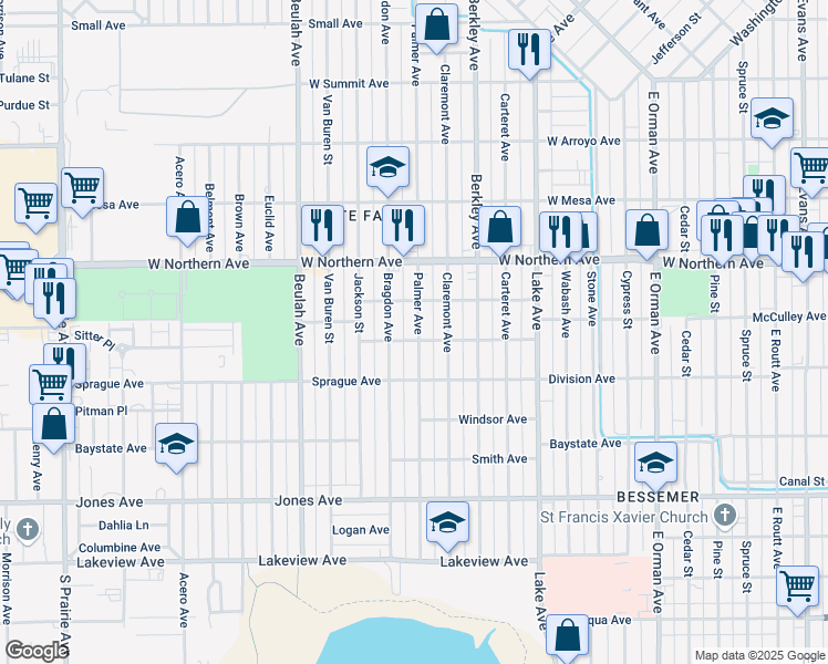 map of restaurants, bars, coffee shops, grocery stores, and more near 1423 Palmer Avenue in Pueblo