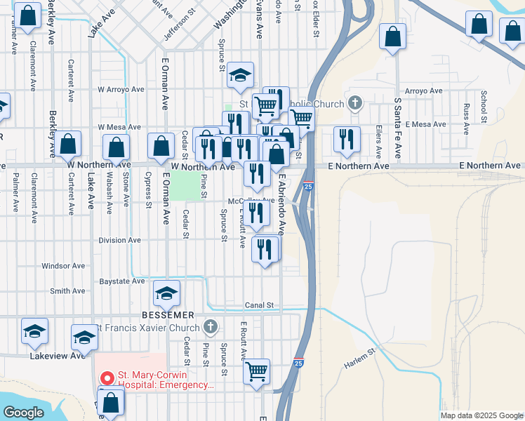 map of restaurants, bars, coffee shops, grocery stores, and more near 351-399 Central Avenue in Pueblo