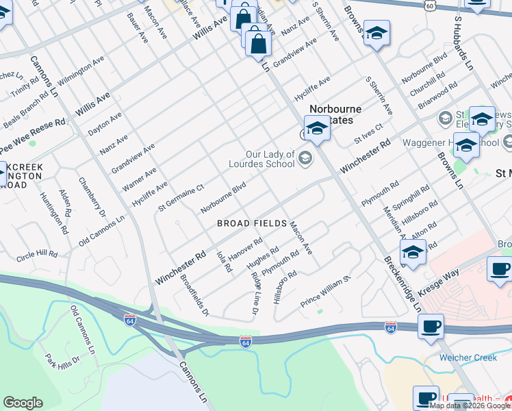 map of restaurants, bars, coffee shops, grocery stores, and more near 3605 Graham Road in Louisville