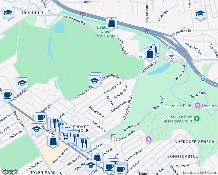 map of restaurants, bars, coffee shops, grocery stores, and more near 2448 Grinstead Drive in Louisville