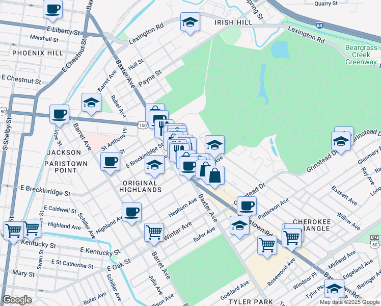map of restaurants, bars, coffee shops, grocery stores, and more near 915 Baxter Avenue in Louisville