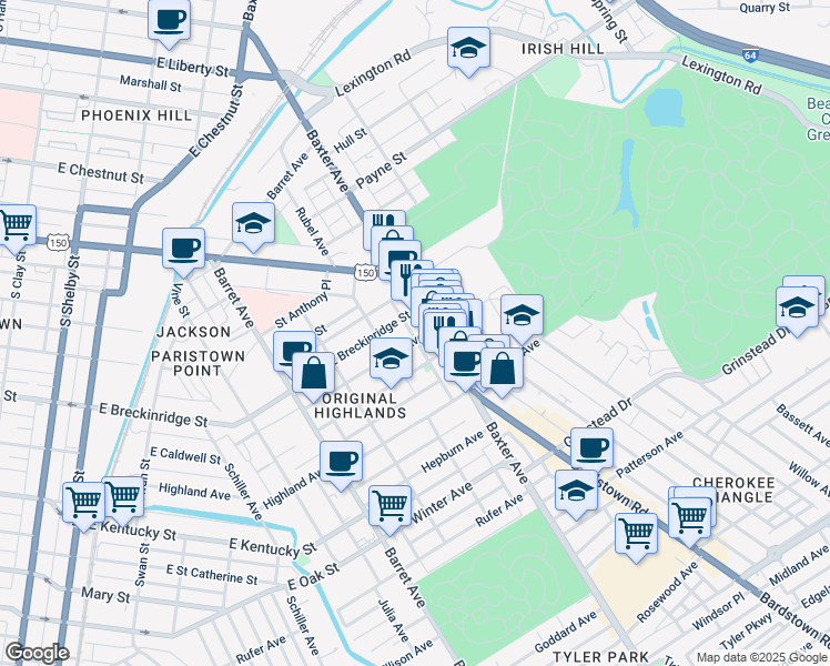 map of restaurants, bars, coffee shops, grocery stores, and more near 900 Baxter Avenue in Louisville