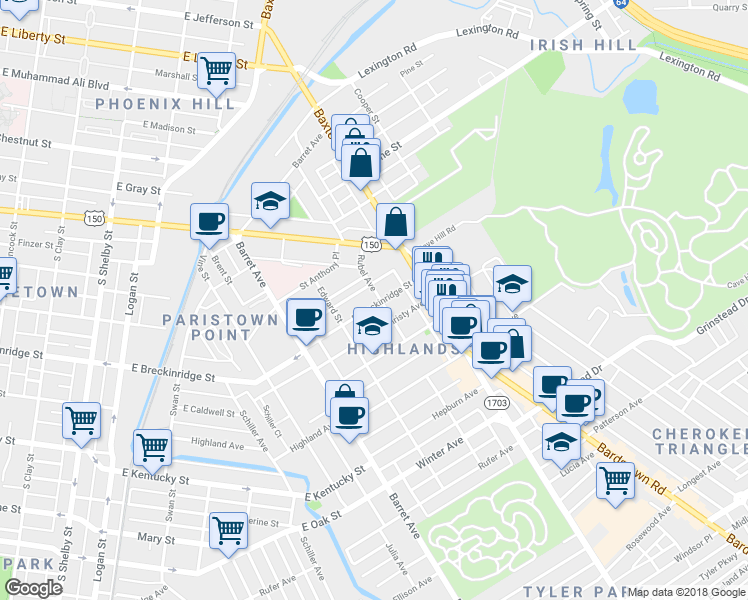map of restaurants, bars, coffee shops, grocery stores, and more near 1507 East Breckinridge Street in Louisville