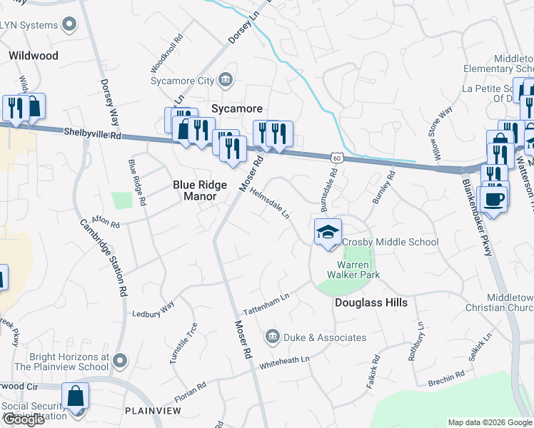 map of restaurants, bars, coffee shops, grocery stores, and more near 10700 Helmsdale Lane in Louisville