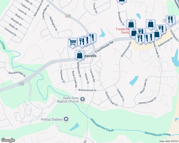 map of restaurants, bars, coffee shops, grocery stores, and more near 10432 Leavells Road in Fredericksburg