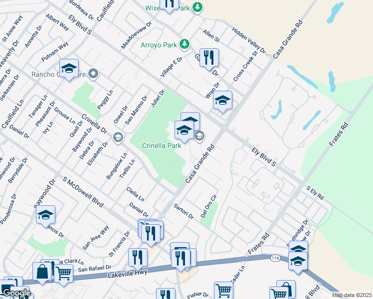 map of restaurants, bars, coffee shops, grocery stores, and more near 299 Casa Grande Road in Petaluma