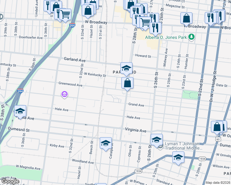 map of restaurants, bars, coffee shops, grocery stores, and more near 2901 Greenwood Avenue in Louisville