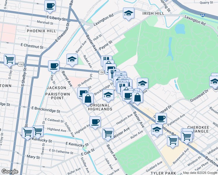 map of restaurants, bars, coffee shops, grocery stores, and more near 900 Baxter Avenue in Louisville