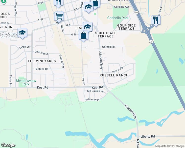 map of restaurants, bars, coffee shops, grocery stores, and more near 825 Ellis Circle in Galt