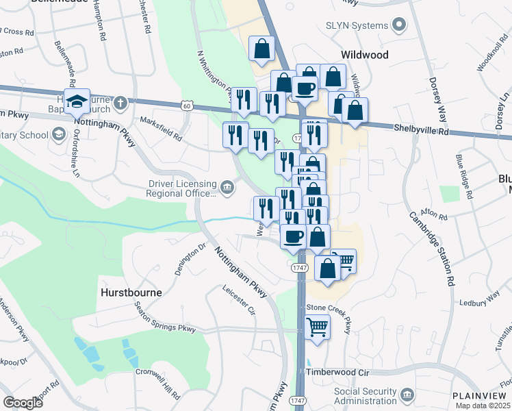 map of restaurants, bars, coffee shops, grocery stores, and more near 312 Whittington Parkway in Louisville