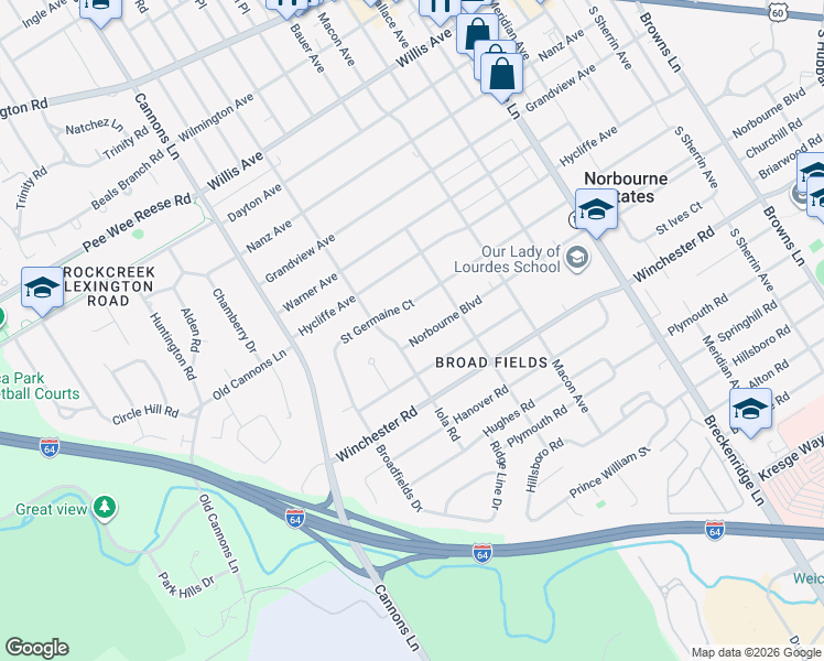 map of restaurants, bars, coffee shops, grocery stores, and more near 3522 Saint Germaine Court in Louisville