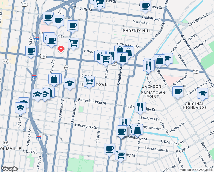 map of restaurants, bars, coffee shops, grocery stores, and more near 709 Roselane Street in Louisville
