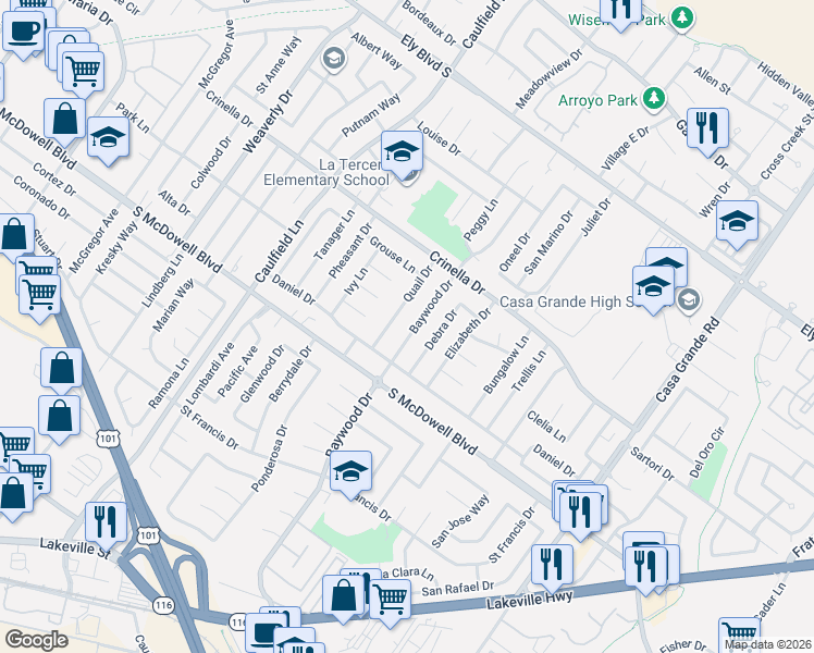 map of restaurants, bars, coffee shops, grocery stores, and more near 1449 Baywood Drive in Petaluma