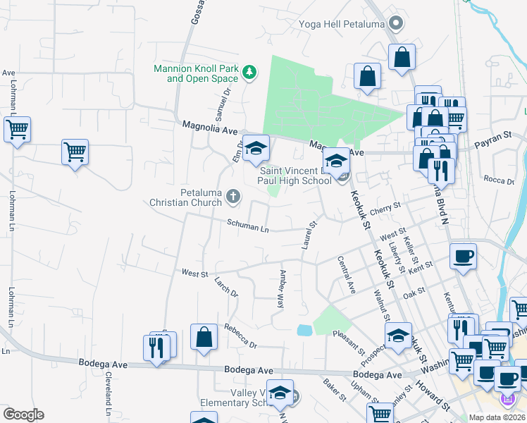 map of restaurants, bars, coffee shops, grocery stores, and more near 740 Cindy Lane in Petaluma