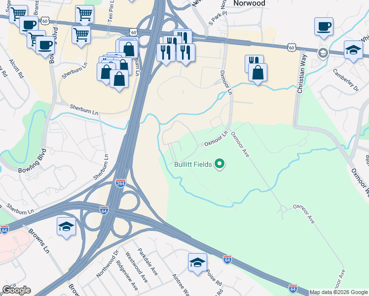 map of restaurants, bars, coffee shops, grocery stores, and more near 405 Steeplecrest Court in Louisville