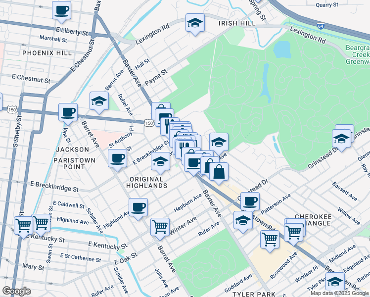 map of restaurants, bars, coffee shops, grocery stores, and more near 915 Baxter Avenue in Louisville