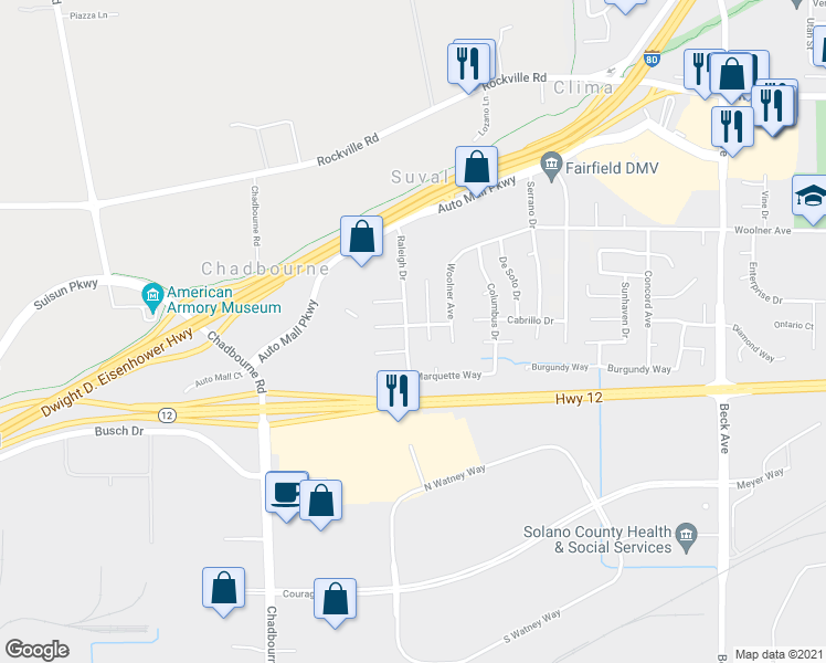 map of restaurants, bars, coffee shops, grocery stores, and more near 138 Raleigh Drive in Fairfield