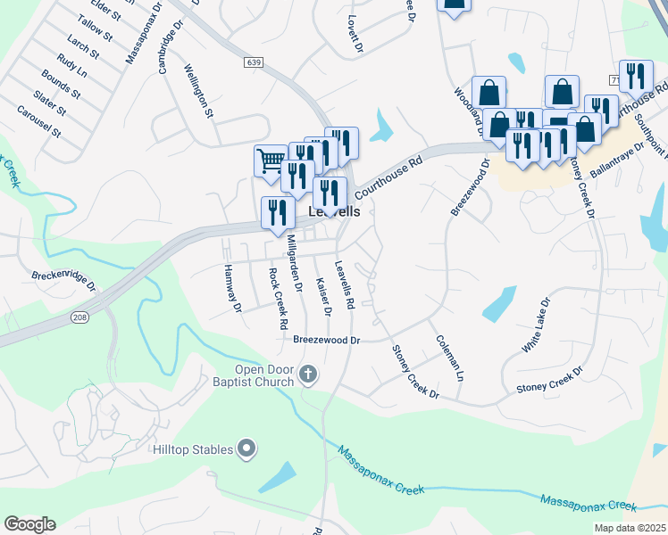 map of restaurants, bars, coffee shops, grocery stores, and more near 10432 Leavells Road in Fredericksburg