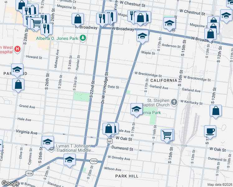 map of restaurants, bars, coffee shops, grocery stores, and more near 1830 Date Street in Louisville