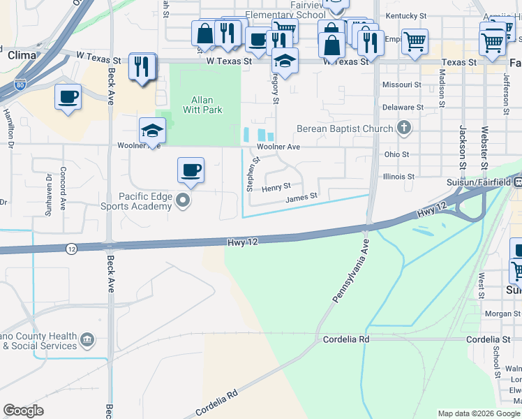 map of restaurants, bars, coffee shops, grocery stores, and more near 1548 James Street in Fairfield