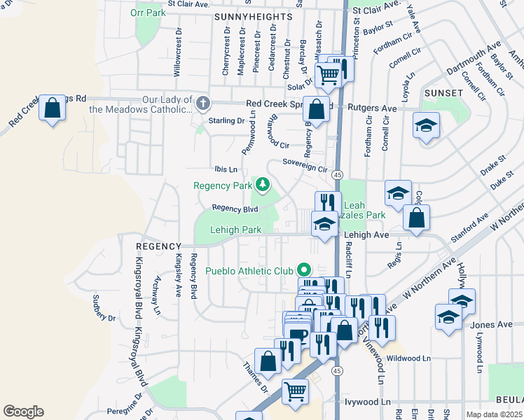map of restaurants, bars, coffee shops, grocery stores, and more near 76 Regency Boulevard in Pueblo