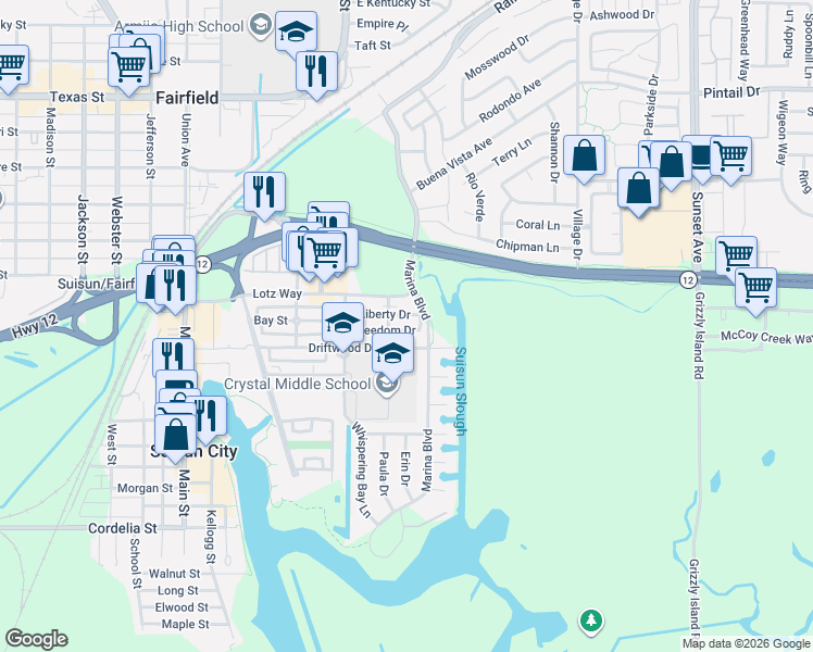 map of restaurants, bars, coffee shops, grocery stores, and more near 1003 Liberty Drive in Suisun City