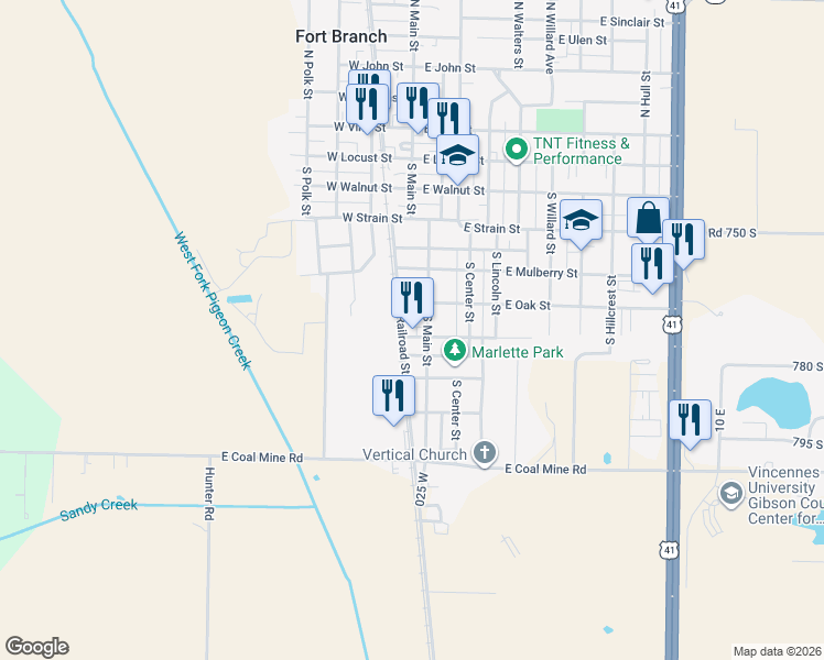 map of restaurants, bars, coffee shops, grocery stores, and more near 604-698 S Railroad St in Fort Branch