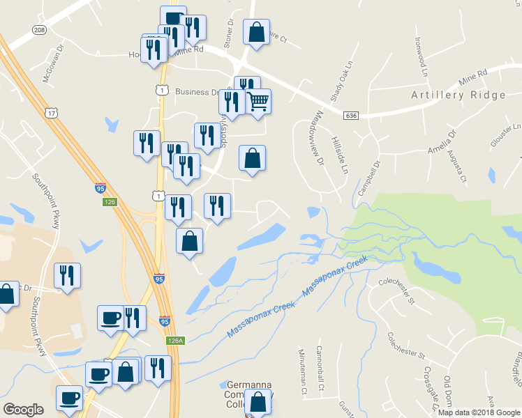 map of restaurants, bars, coffee shops, grocery stores, and more near 4734 Wensel Road in Fredericksburg