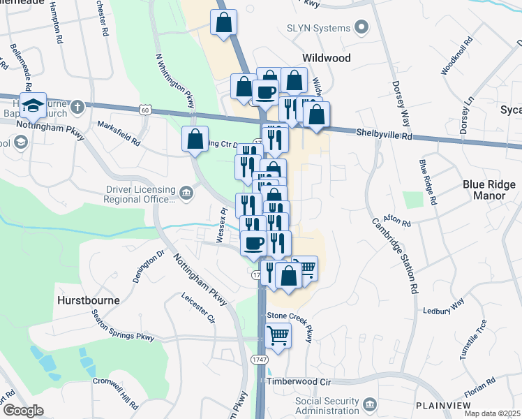 map of restaurants, bars, coffee shops, grocery stores, and more near 435 North Whittington Parkway in Louisville