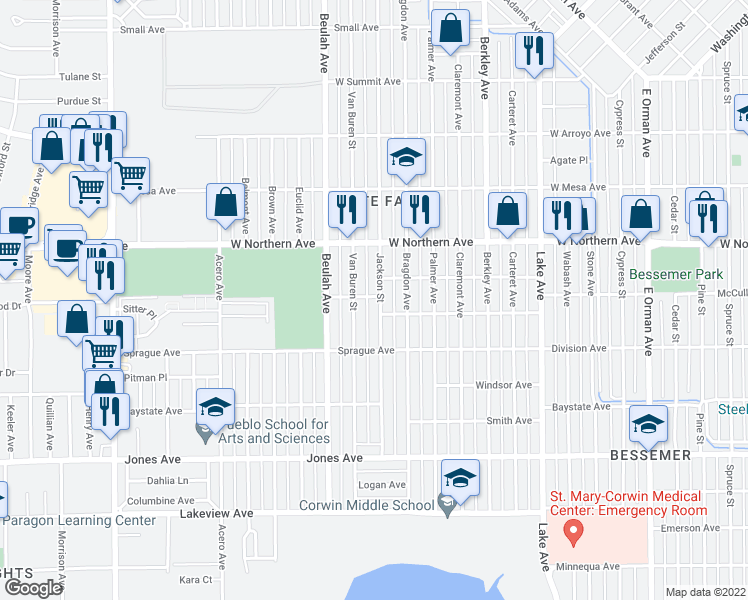 map of restaurants, bars, coffee shops, grocery stores, and more near 1401 Jackson Street in Pueblo