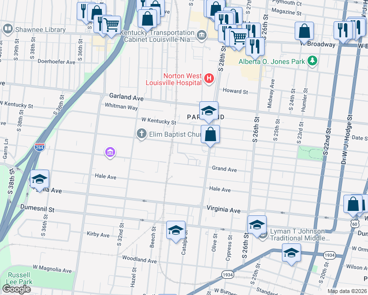 map of restaurants, bars, coffee shops, grocery stores, and more near 2901 Greenwood Avenue in Louisville