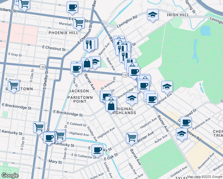 map of restaurants, bars, coffee shops, grocery stores, and more near 1401 Debarr Street in Louisville