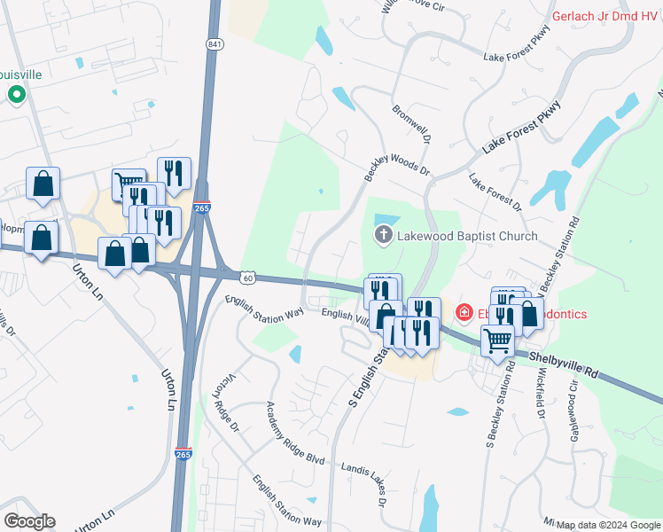 map of restaurants, bars, coffee shops, grocery stores, and more near 236 Spreading Oak Lane in Louisville