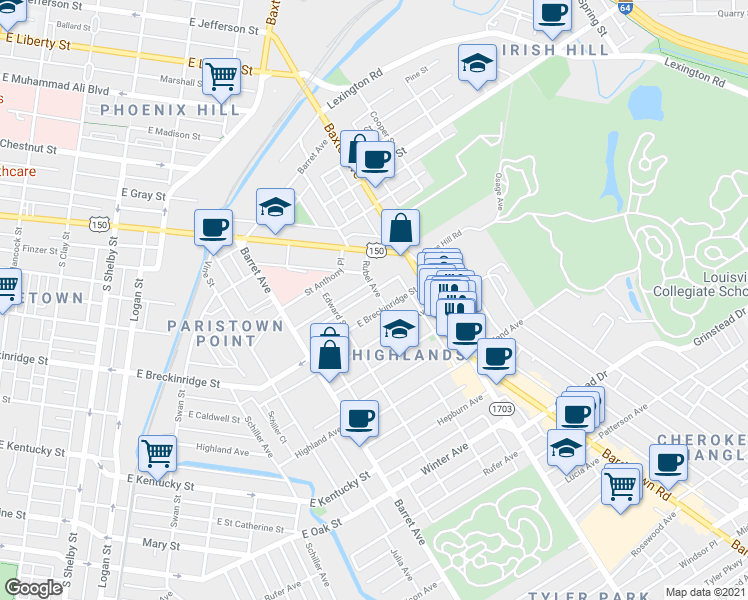 map of restaurants, bars, coffee shops, grocery stores, and more near 1507 East Breckinridge Street in Louisville