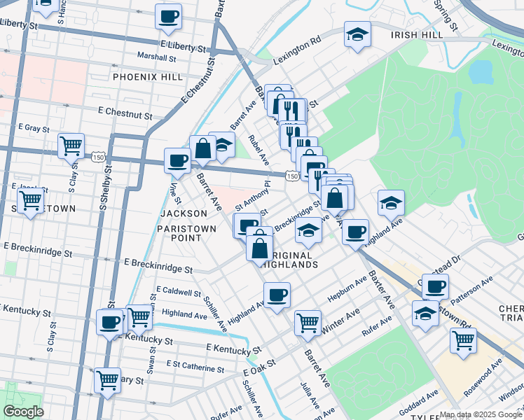 map of restaurants, bars, coffee shops, grocery stores, and more near 1419 Debarr Street in Louisville