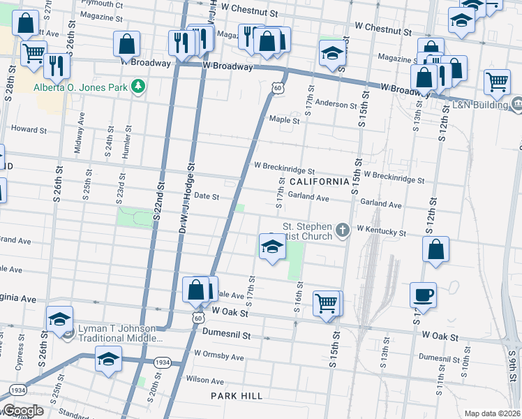 map of restaurants, bars, coffee shops, grocery stores, and more near 1733 West Kentucky Street in Louisville