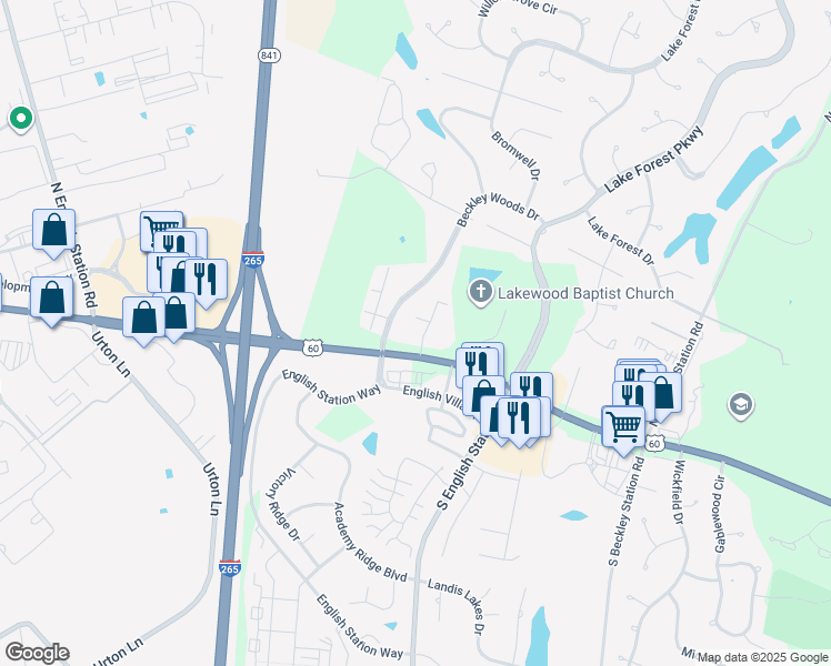 map of restaurants, bars, coffee shops, grocery stores, and more near 218 Spreading Oak Lane in Louisville